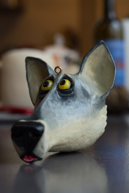 the wolf ornament painted, looking in the other direction